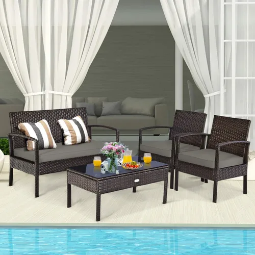 Miniatura 2 de HAPPYGRILL Juego de muebles de patio de 4 piezas, juego de conversación de mimbre de ratán para jardín, piscina, césped, sofá biplaza, asiento Marrón