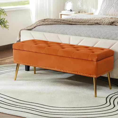Miniatura 13 de HULALA HOME Moderno banco otomano de almacenamiento de terciopelo con base dorada y borde de cabeza de clavos, banco tapizado para dormitorio