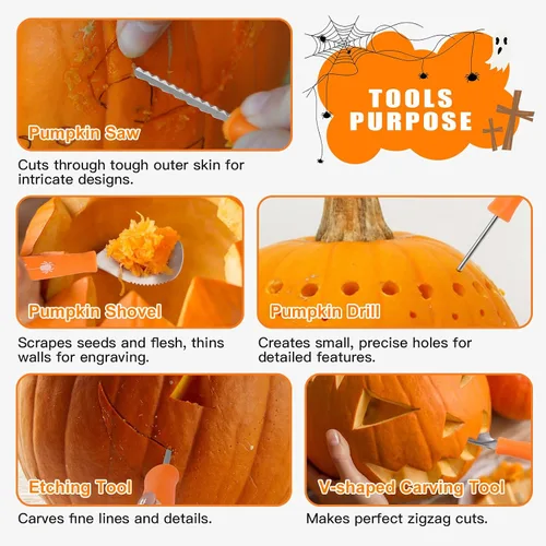 Miniatura 3 de Kit de tallado de calabaza, herramientas de Halloween, juego profesional de tallado de 10 piezas, acero inoxidable de doble cara, herramienta