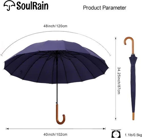 Miniatura 46 de SoulRain Paraguas de palo de 16 varillas de 48 pulgadas, apertura automática, color sólido, moderno y simple, mango de madera clásico de arco