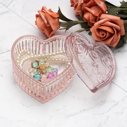 Miniatura 6 de COWFEX Joyero de cristal en forma de corazón con tapa para niñas y mujeres, organizador de almacenamiento de baratijas, caja decorativa para San