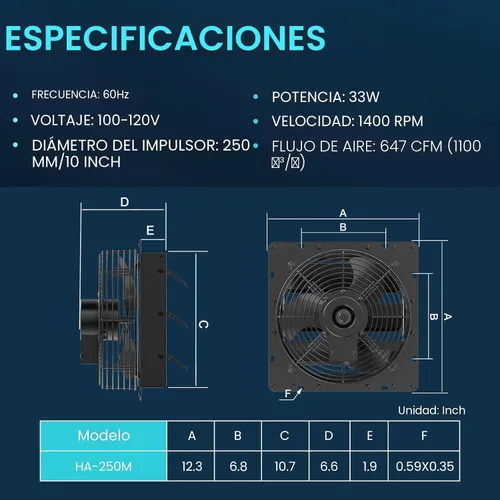 Miniatura 4 de HG Power Ventilador de escape de obturador de 10 pulgadas, ventilador de escape silencioso de garaje de 647 CFM con cable de interruptor