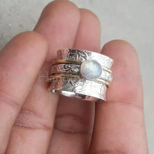 Miniatura 2 de Pooja Handmade Jewelry Rainbow Moonstone Ring, 925 Sterling Silver Ring, Spinner Ring, Mix Metals Ring, Meditation Ring, Handmade Ring, Moonstone