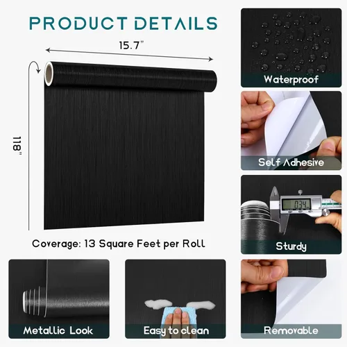 Miniatura 9 de VEELIKE Papel adhesivo de acero inoxidable cepillado negro para electrodomésticos de cocina, 15.7 x 118 pulgadas, papel adhesivo autoadhesivo