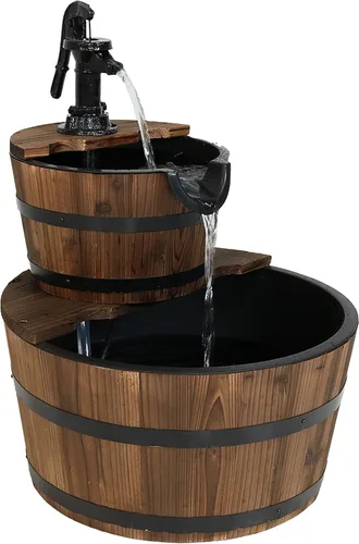 Sunnydaze - Fuente de agua de barril de madera de 2 niveles, fuente de bomba de agua vintage de 23 pulgadas con bomba sumergible, para jardín,