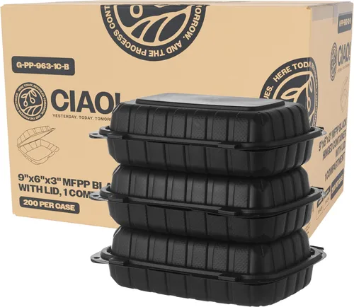Miniatura 19 de CIAO! Contenedor blanco con bisagras MFPP de 9"x9"x3" con tapa 1 compartimento (caja de 150)