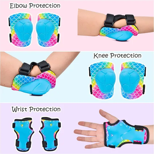 Miniatura 3 de Rodilleras para niños, juego de equipo de protección ajustable con bolsa de malla, rodilleras y coderas, protector de muñeca para niñas, patines