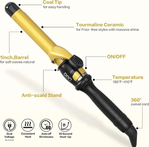 Miniatura 3 de DAN Technology Varita rizadora de 1 pulgada para ondas naturales suaves, rizador de pelo de cerámica turmalina con temperatura ajustable de 180 °F a