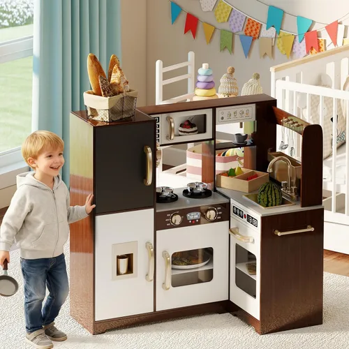 TaoHFE Rincón de Espresso para Jugar Cocina con Luces, Juego de Cocina para Niños de 1 a 3 años, Juego de Cocina de Juguete para Niños Marrón con