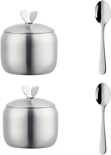 Juego de recipientes para condimentos de acero inoxidable con 2 cucharas, estante para especias, botella para condimentos, sal y pimienta, plateado