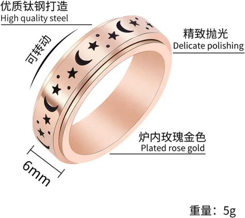 Miniatura 2 de Caiyao Anillo giratorio de acero inoxidable para mujeres y hombres, anillo giratorio con patrón de pentagrama y luna, antiestrés, alivio