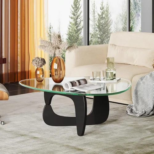 Miniatura 2 de WLIVE Mesa de café, mesa de café pequeña de vidrio con patas de madera maciza, mesas de sala de estar triangulares de 36" de mediados de siglo, mesa