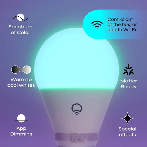Miniatura 2 de LIFX Paquete de 2 bombillas inteligentes A19, RGBW que cambian de color + blanco sintonizable, 800 lúmenes, compatible con materia, funciona
