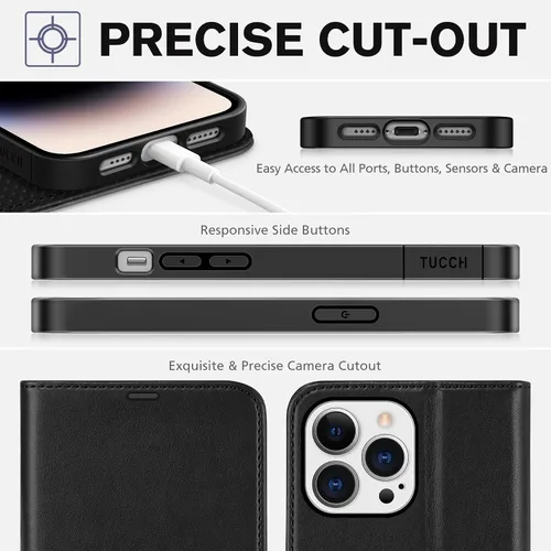 Miniatura 8 de Funda tipo billetera TUCCH para iPhone 14 Pro Max de 6.7", con bloqueo RFID, soporte para 4 tarjetas [carcasa interior de TPU a prueba de golpes]
