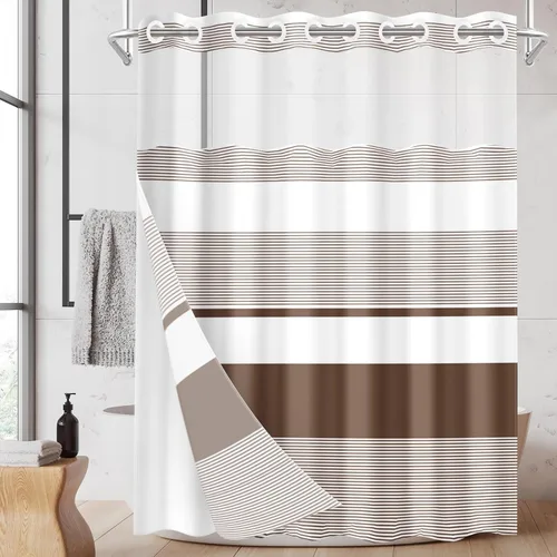Miniatura 20 de Juego de cortina de ducha beige sin gancho con forro de tela a presión, diseño bohemio, a rayas, moderno, doble capa, tela impermeable con ventana