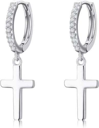 Cuoka Aretes de aro de plata de ley 925 unisex con alas de ángel, plumas y cruz, aretes colgantes colgantes, aretes con bisagras, hipoalergénicos,
