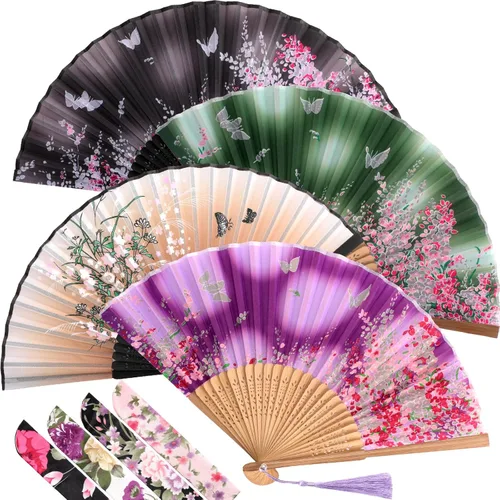 Miniatura 20 de Zonon Paquete de 4 abanicos plegables florales de mano, abanicos de bambú de seda con borla para mujer, ventilador plegable de mano ahuecado