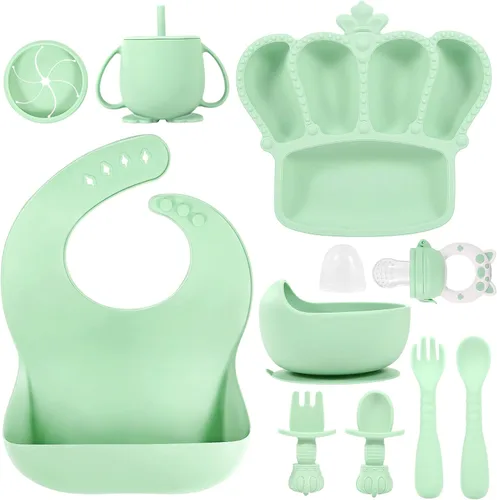 Miniatura 10 de Juego de alimentación para bebés de silicona 10 piezas Suministros de destete con luz LED para bebés Cuenco con ventosa Plato dividido Baberos