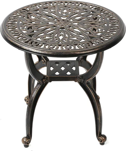 C/G patio casa C/G Mesa auxiliar de aluminio fundido para patio, mesa auxiliar decorativa para exteriores, patrón floral ornamentado (redondeada,