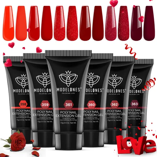 modelones Juego de Gel de Uñas Poli, 6 Colores Colección Roja Popular Vino Burdeos Brillante con Purpurina Gel de Extensión Poli Rojo Sangre Oscuro