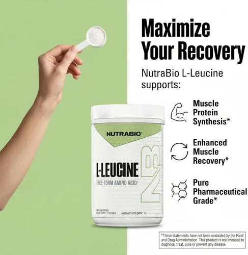 Miniatura 6 de NutraBio L-leucina 100% pura, recuperación y apoyo muscular, aminoácido de forma libre fermentada naturalmente, vegano, sin OMG, sin gluten