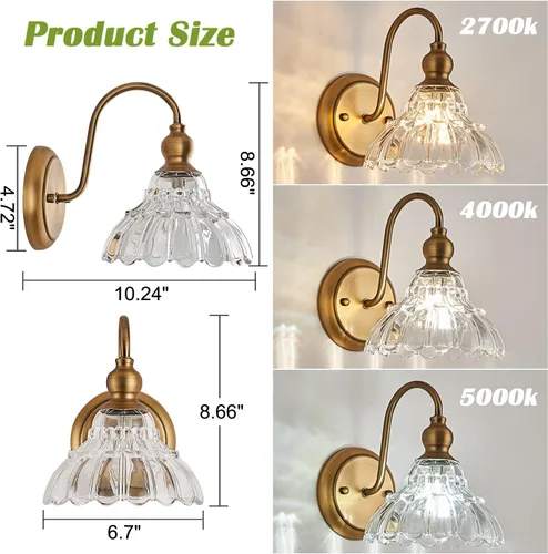 Miniatura 3 de Aplique de pared de latón vintage bronce, luz de pared de baño hecha de cuerpo de cobre electrochapado y vidrio estampado prensado, luces de tocador