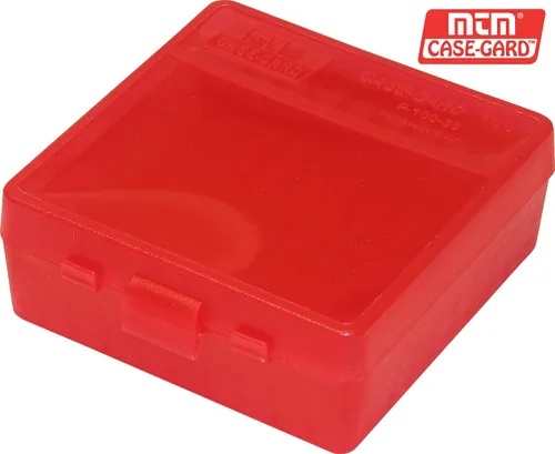 Miniatura 4 de MTM caja para 100 municiones redondas con tapa plegable para pistolas de calibre 38/357 Transparente Rojo