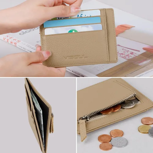 Miniatura 2 de VISOUL Tarjetero delgado para mujer con bloqueo RFID, cartera pequeña de cuero para mujer con bolsillo con cremallera para monedas (marrón claro)