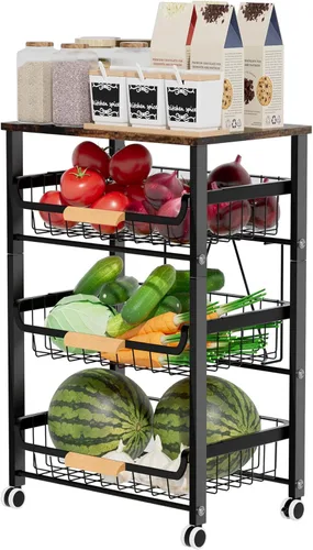 Miniatura 9 de Cesta de frutas y verduras para cocina, organizadores y almacenamiento de despensa de 3 niveles, organizador de aperitivos para encimera, carrito