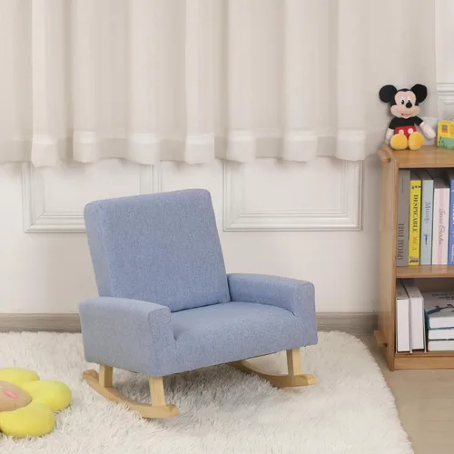 Miniatura 4 de Mecedora para bebé, silla para niños, sofá para niños, pie de madera tembloroso y tela de lino, sillón mecedor para niños y niñas (azul)