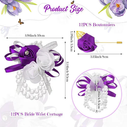 Miniatura 2 de Tigeen Juego de 24 ramilletes de muñeca y boutonniere para hombre, ramillete de muñeca de boda, flor de mano para madre de novia, novia, decoración