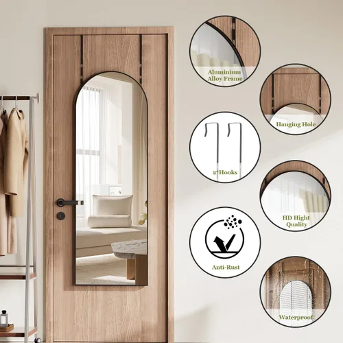 Miniatura 4 de BEAUTYPEAK Espejo ajustable de 14" x 48" para colgar sobre la puerta, espejo colgante de cuerpo completo con arco, vidrio templado inastillable