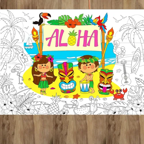 ZOIIWA Hawaiian Luau - Póster para colorear para colorear gigante, mantel grande de Aloha tropical, libros para colorear para el hogar, suministros