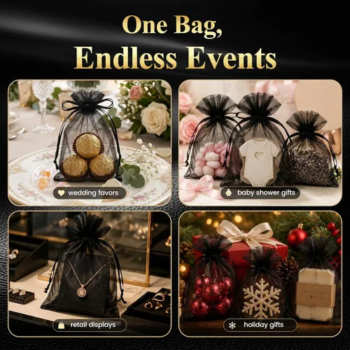Miniatura 6 de VGOODALL 120 bolsas de regalo de organza negra, bolsas de regalo de malla de caramelo, bolsas de joyería para Navidad, suministros de fiesta de boda