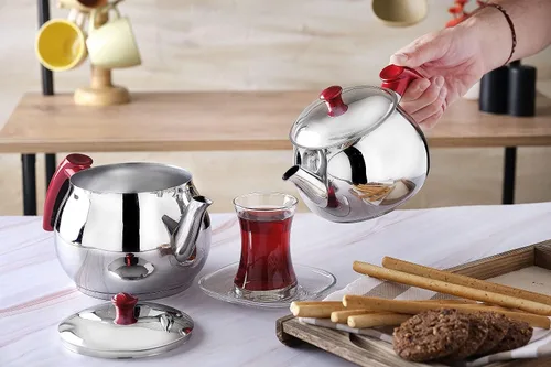 Miniatura 6 de Juego de tetera turca de acero inoxidable para estufa, tetera doble con colador, asas rojas, calentador de agua Samovar para té turco