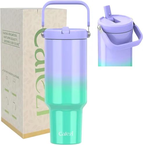 Miniatura 47 de Vaso de 30 onzas con tapa y pajita, vasos de acero inoxidable con aislamiento al vacío con pajita plegable y asa superior, botella de agua aislada