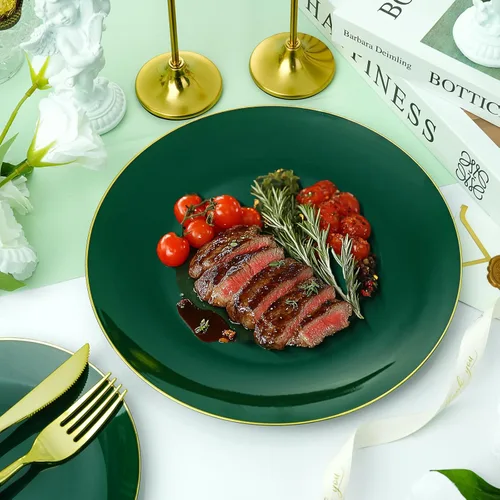 Miniatura 5 de 175 Piezas Juego de Vajilla de Plástico Verde Dorado, Platos Desechables Dorados para Fiesta, Incluye 50 Platos Verdes con 75 Cubiertos de Plástico