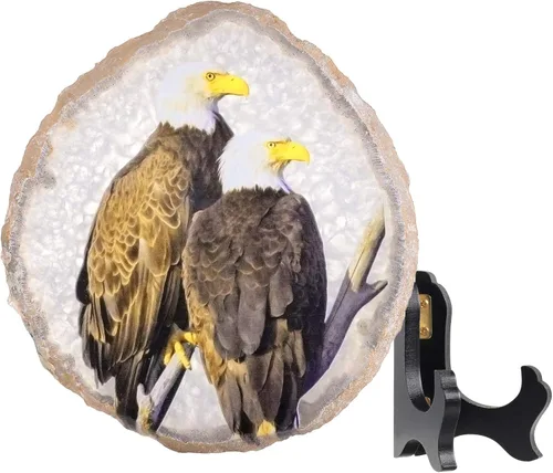 Miniatura 2 de Rockcloud Exhibición de losa de ágata de águila calva con soporte de madera de forma irregular de ágata en rodajas de piedra para el hogar, oficina