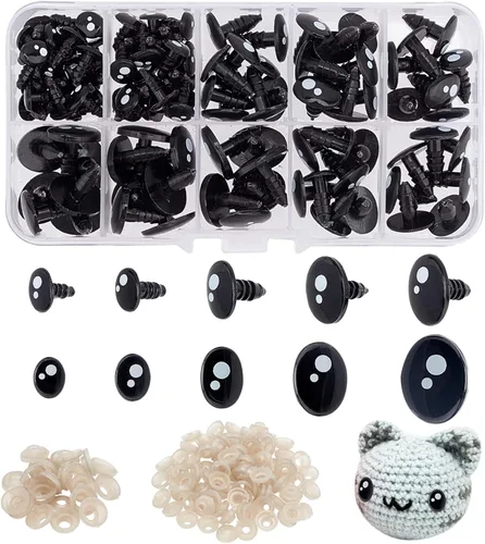 PH PandaHall 200 ojos de seguridad kawaii, 5 tamaños, ojos de animales de peluche negros, ojos Kawaii con arandelas, ojos ovalados de resina de