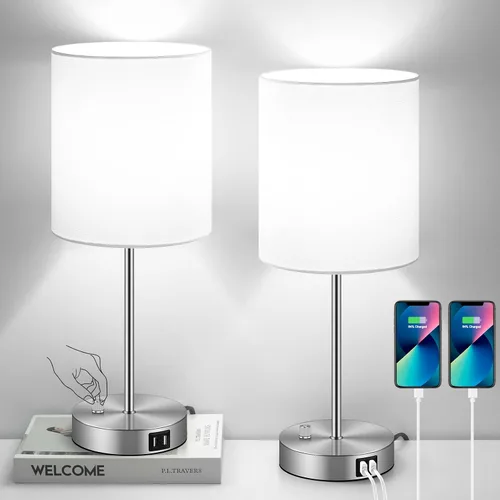 Miniatura 9 de Juego de 2 lámparas de mesa con puertos de carga USB, lámparas de noche blancas con salida de CA, lámparas de mesita de noche con interruptor