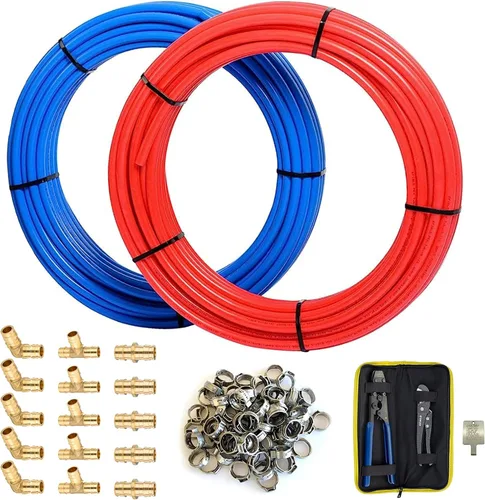 Miniatura 9 de Tubo HeSun PEX-B de 1/2 pulgada, tubo Pex B de 2 x 100 pies con accesorios Pex de latón de 1/2 pulgada: 15 piezas de codo, acoplamiento y T