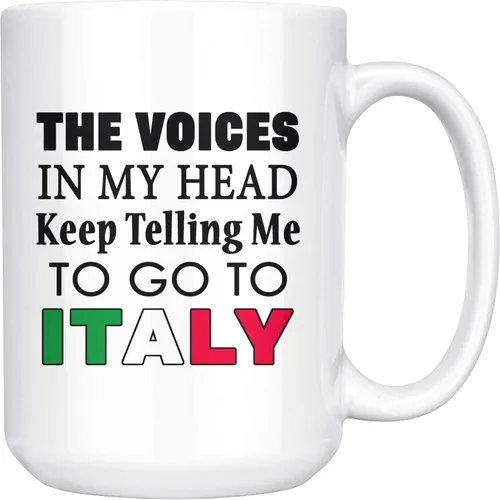 P.S. I Love Italy Taza de café grande – Voces en mi cabeza – Taza de cerámica blanca personalizada para caliente y fría con diseños divertidos y
