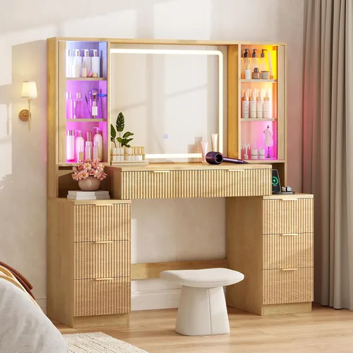 Miniatura 10 de HAUOMS Big Vanity, escritorio de maquillaje de madera estriada con espejo y luces LED de sincronización de sonido, tocador grande, 8 cajones, Roble