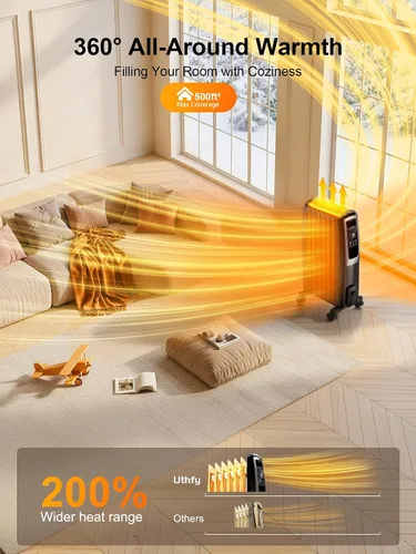 Miniatura 2 de Uthfy Calentador de radiador lleno de aceite, calentador radiante eléctrico con control remoto, termostato, 4 modos, temporizador de 24 horas
