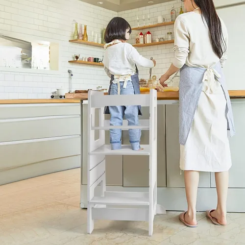 Miniatura 2 de Taburete de cocina WOOD CITY, taburete de cocina para niños pequeños con baranda de seguridad, altura ajustable, torre de aprendizaje para niños