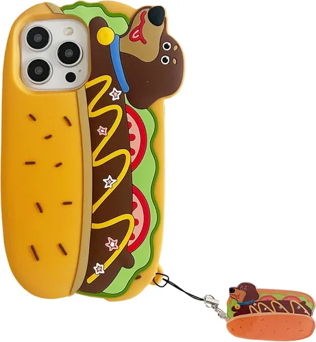 Funda de silicona suave compatible con iPhone 13, diseño de dibujos animados en 3D, hamburguesa y hot dog con llavero, divertido diseño kawaii, para