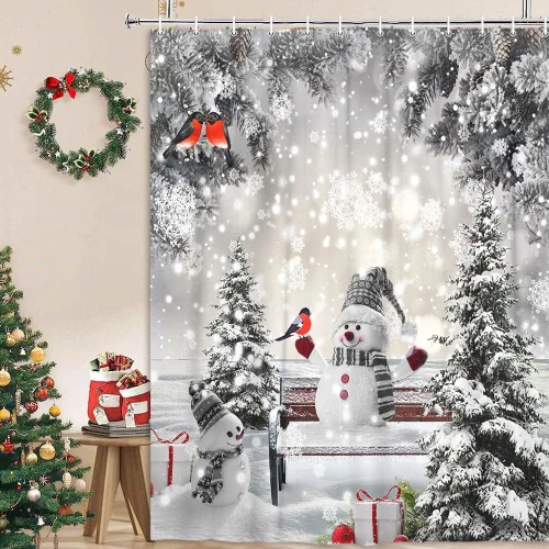Miniatura 2 de JAWO Cortina de ducha de muñeco de nieve de Navidad para decoración de baño, cortina de baño de tela con ganchos, 36 x 70 pulgadas