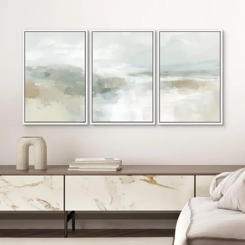 Miniatura 418 de SIGNWIN Lienzo enmarcado para pared, arte con pinceladas de flujo neutro en tonos beige abstractos, ilustraciones, arte moderno, decorativo