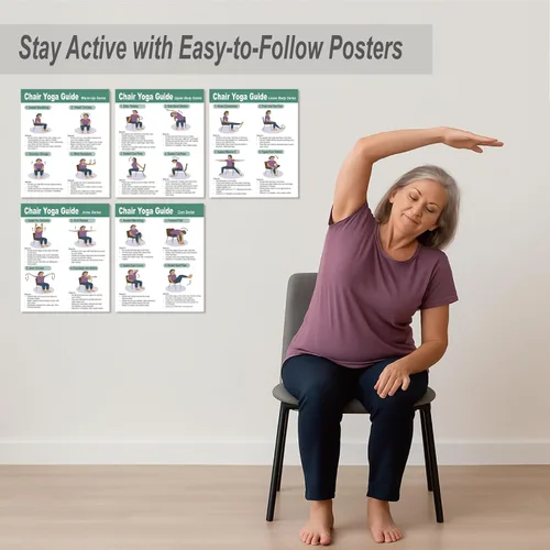 Miniatura 5 de Póster de Yoga en Silla para Personas Mayores y Principiantes – Juego de 5 Guías Ilustradas y 5 Desafíos de 30 Días, Tablas de Ejercicios Sentados