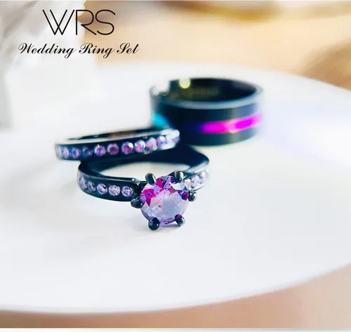 Miniatura 4 de Juego de anillos de boda His Hers para parejas, anillos a juego para mujer, chapado en oro negro de 18 quilates, circonita violeta, anillos